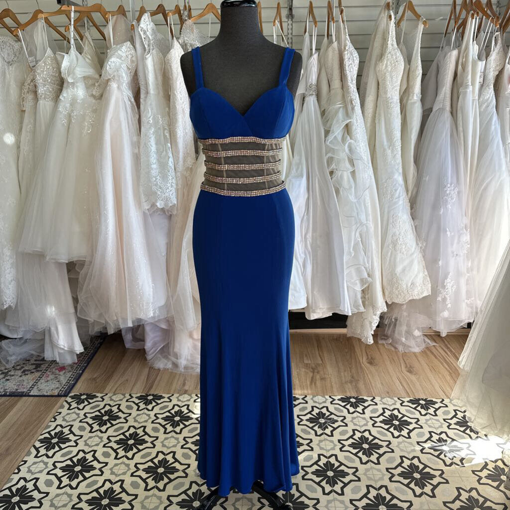 Jovani Blue Beaded Waist Long Formal Dress 0