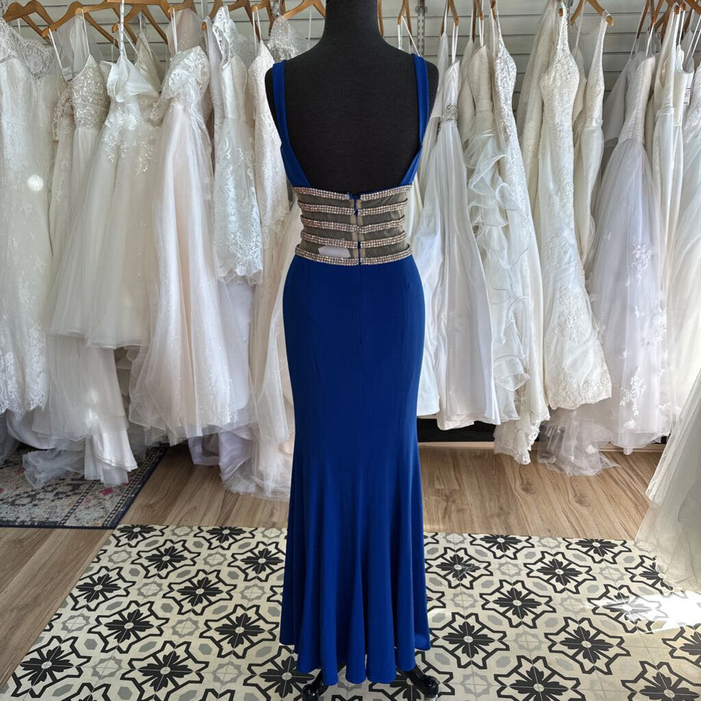 Jovani Blue Beaded Waist Long Formal Dress 0