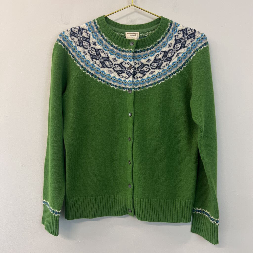 LL Bean Green/ Multi Print Cardigan Sweater Medium