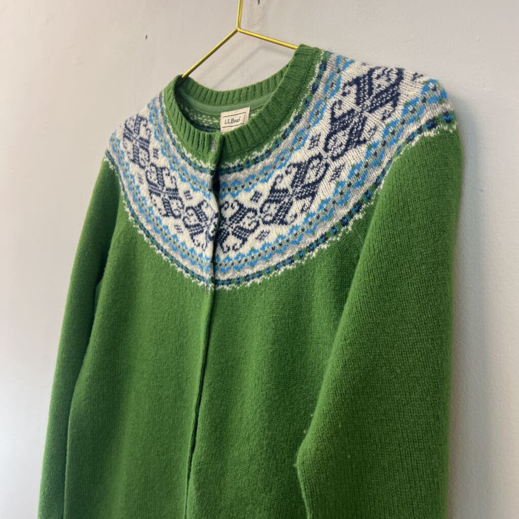 LL Bean Green/ Multi Print Cardigan Sweater Medium