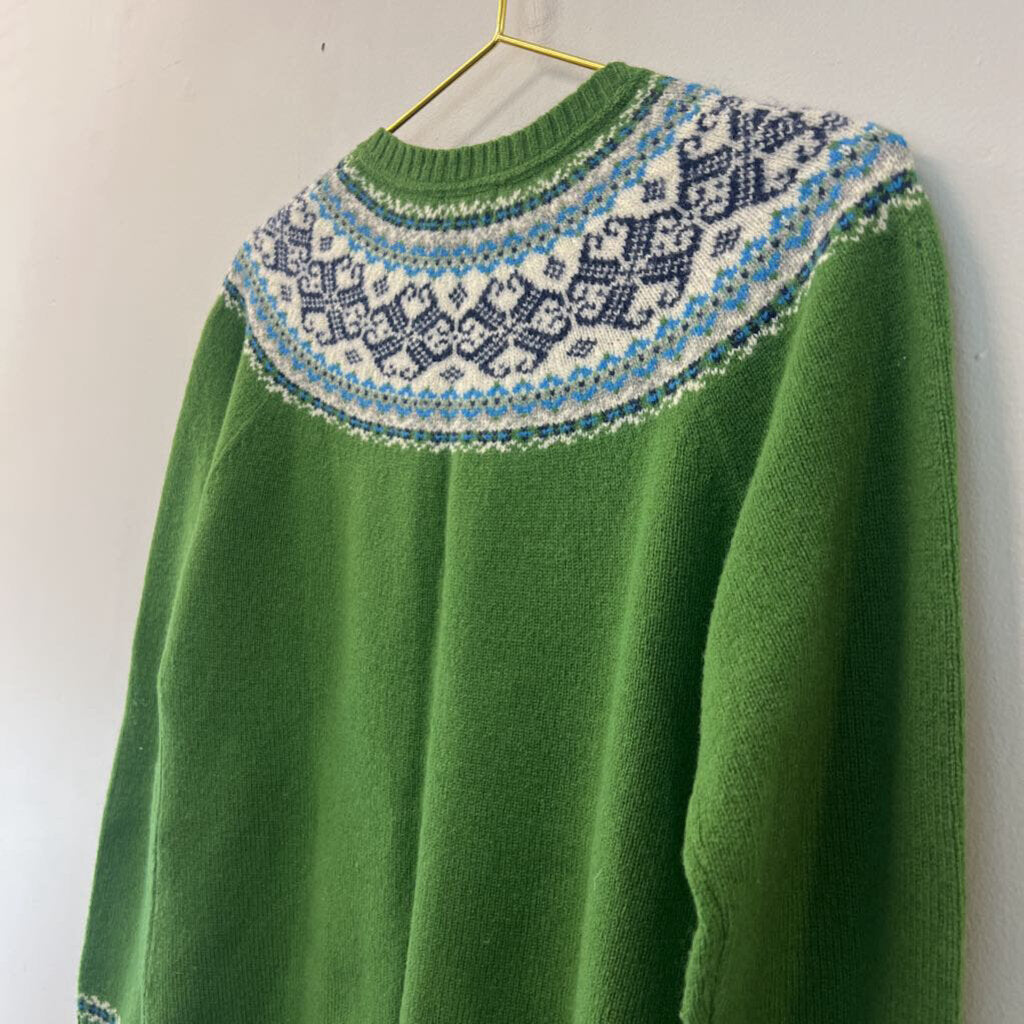 LL Bean Green/ Multi Print Cardigan Sweater Medium