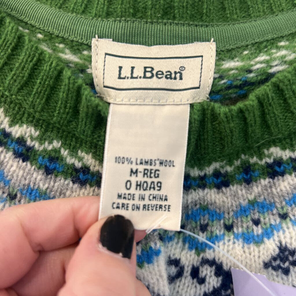 LL Bean Green/ Multi Print Cardigan Sweater Medium