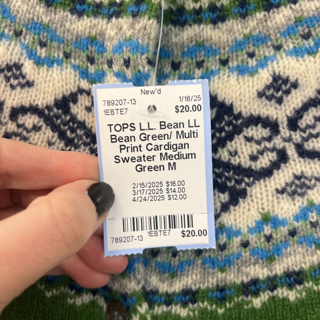 LL Bean Green/ Multi Print Cardigan Sweater Medium