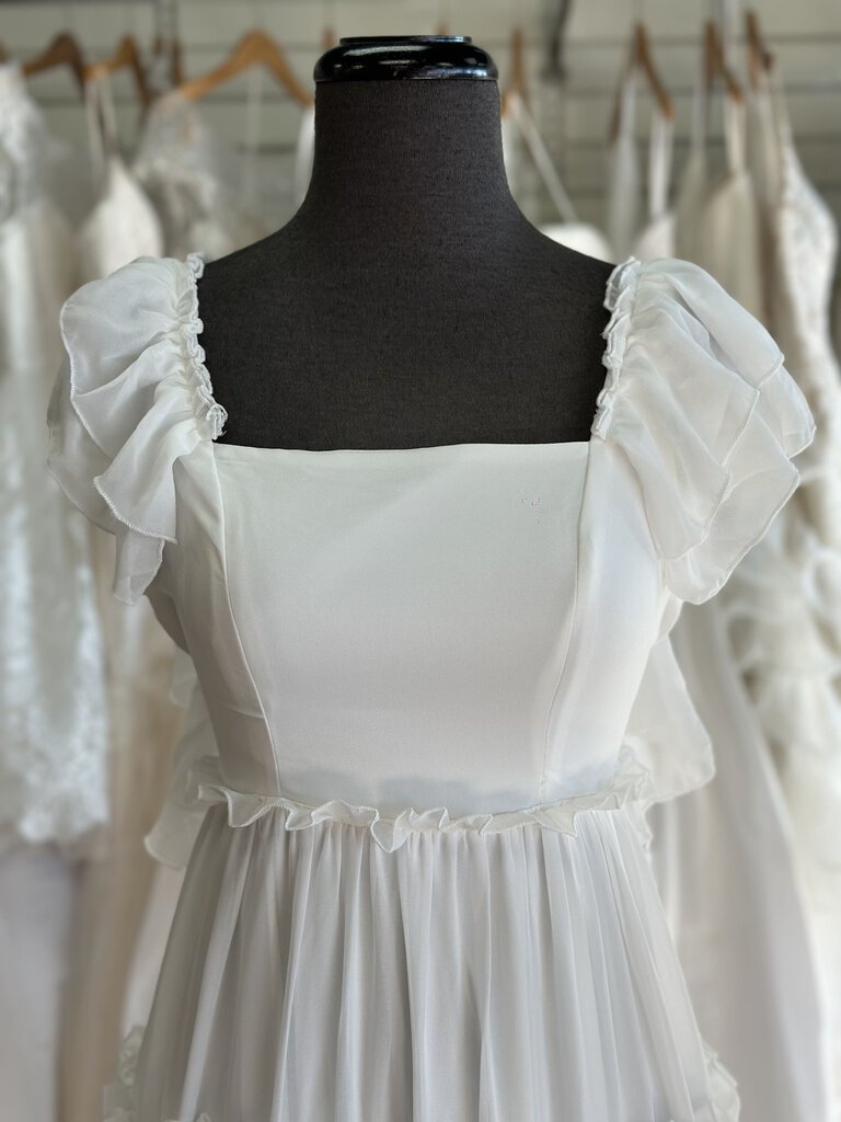 White Flutter Sleeve Ruffle Detail Long Formal Dress Small