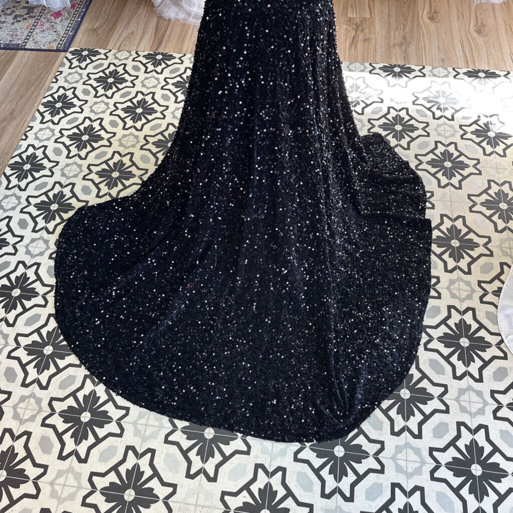 Black Long Sleeve Cut Out Side Sequin Long Formal Dress Large