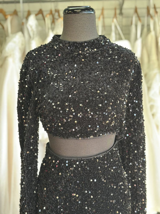 Black Long Sleeve Cut Out Side Sequin Long Formal Dress Large