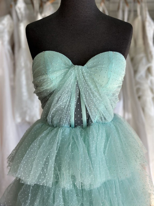 Mint Green Ruffle Polka Dot Strapless Long Formal Dress Small