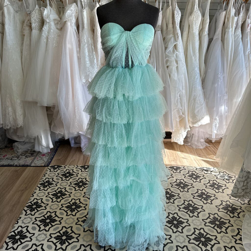 Mint Green Ruffle Polka Dot Strapless Long Formal Dress Small