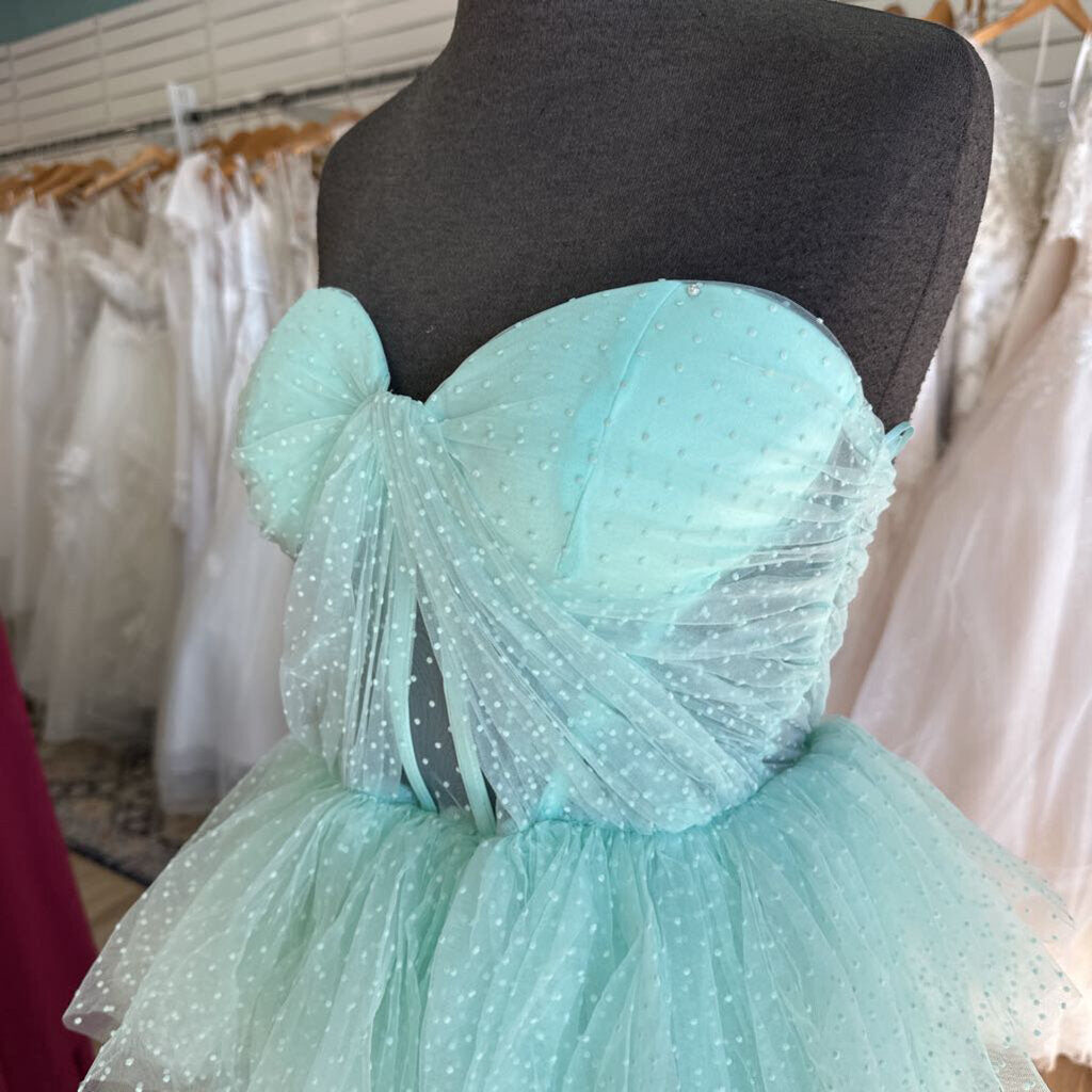 Mint Green Ruffle Polka Dot Strapless Long Formal Dress Small