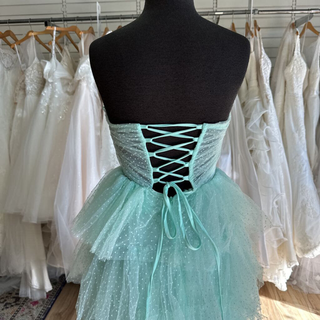 Mint Green Ruffle Polka Dot Strapless Long Formal Dress Small