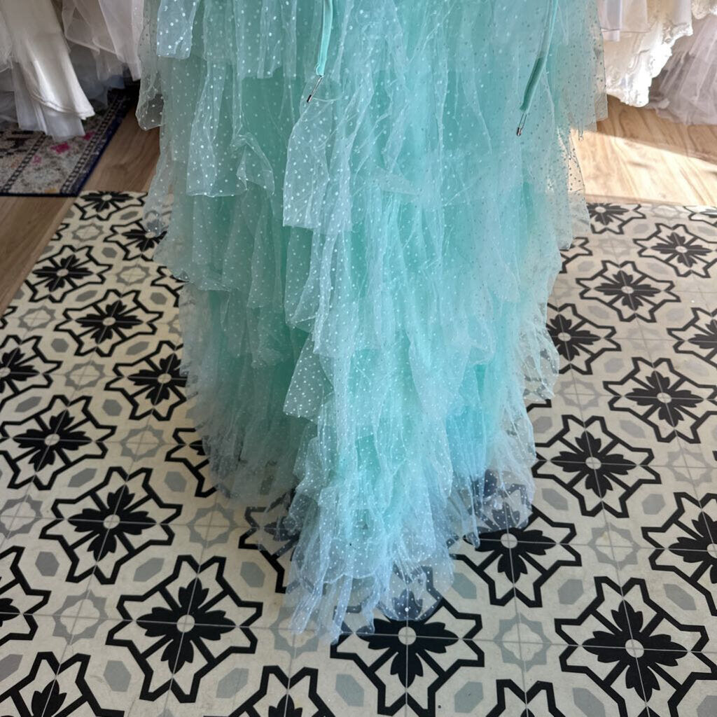 Mint Green Ruffle Polka Dot Strapless Long Formal Dress Small