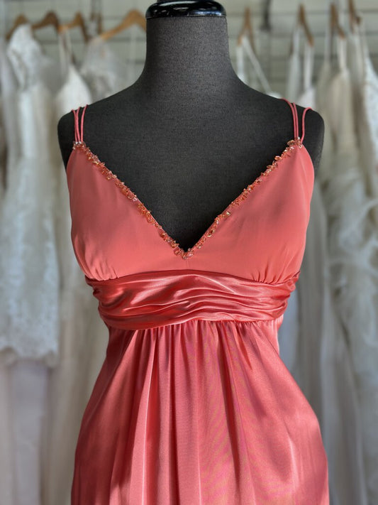 Alex and Eve Coral Silky V Neck Long Formal Dress 14