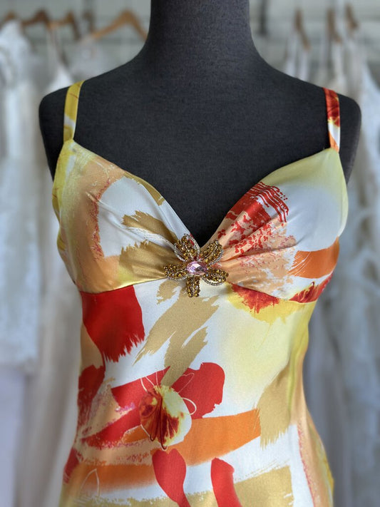 Betsy and Adam Yellow/ Orange Print Silky Long Formal Dress 10