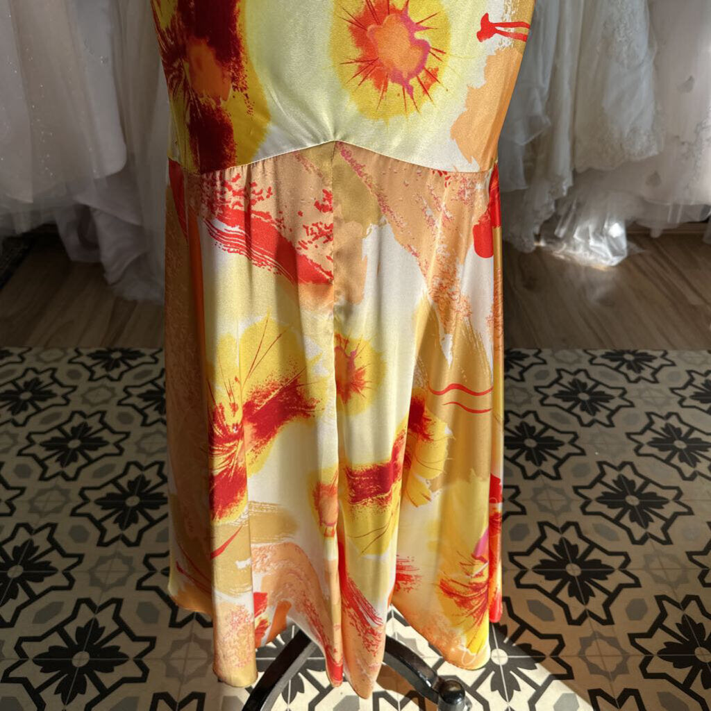 Betsy and Adam Yellow/ Orange Print Silky Long Formal Dress 10