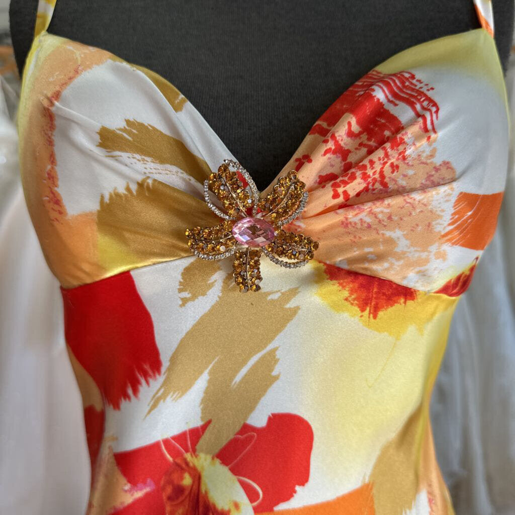 Betsy and Adam Yellow/ Orange Print Silky Long Formal Dress 10