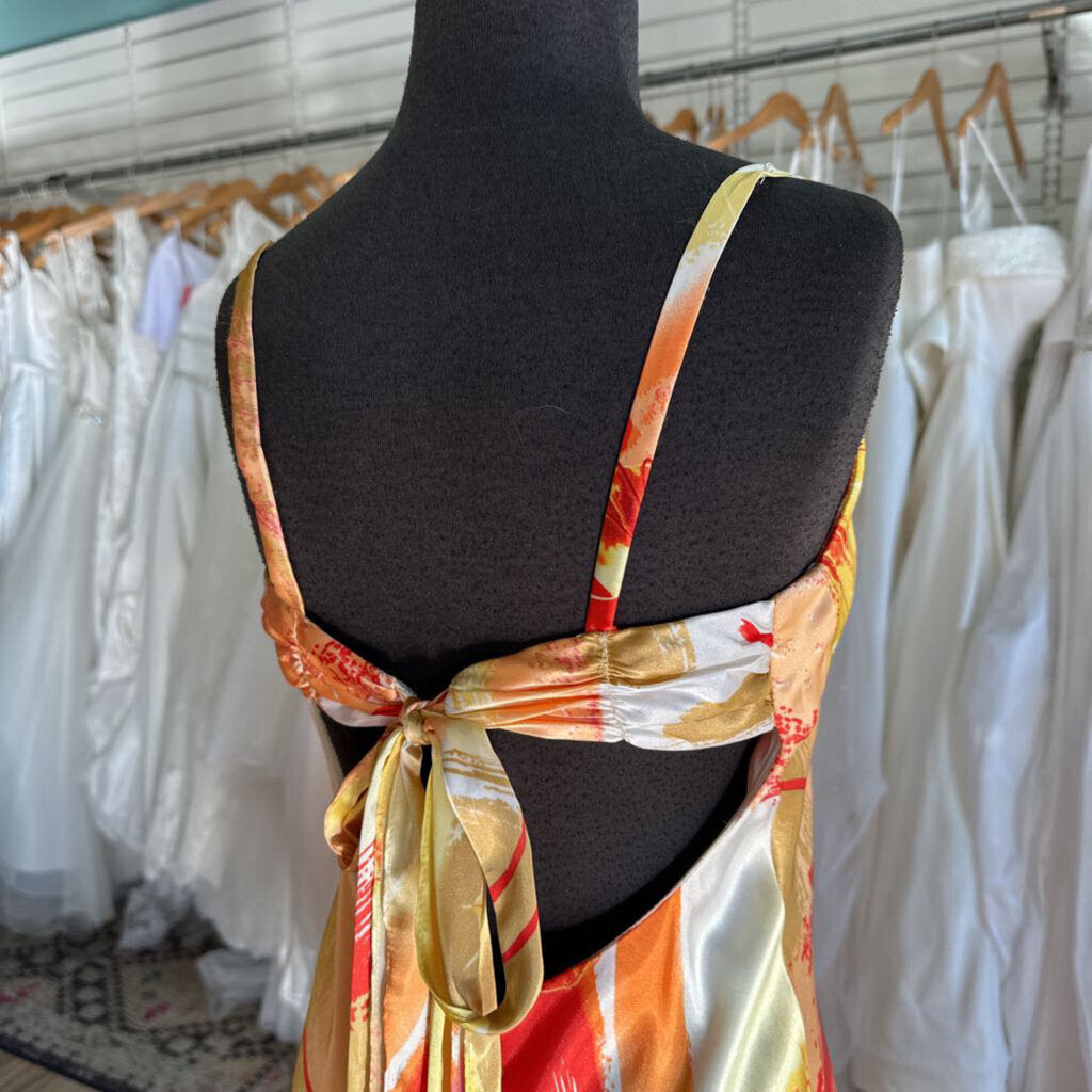 Betsy and Adam Yellow/ Orange Print Silky Long Formal Dress 10