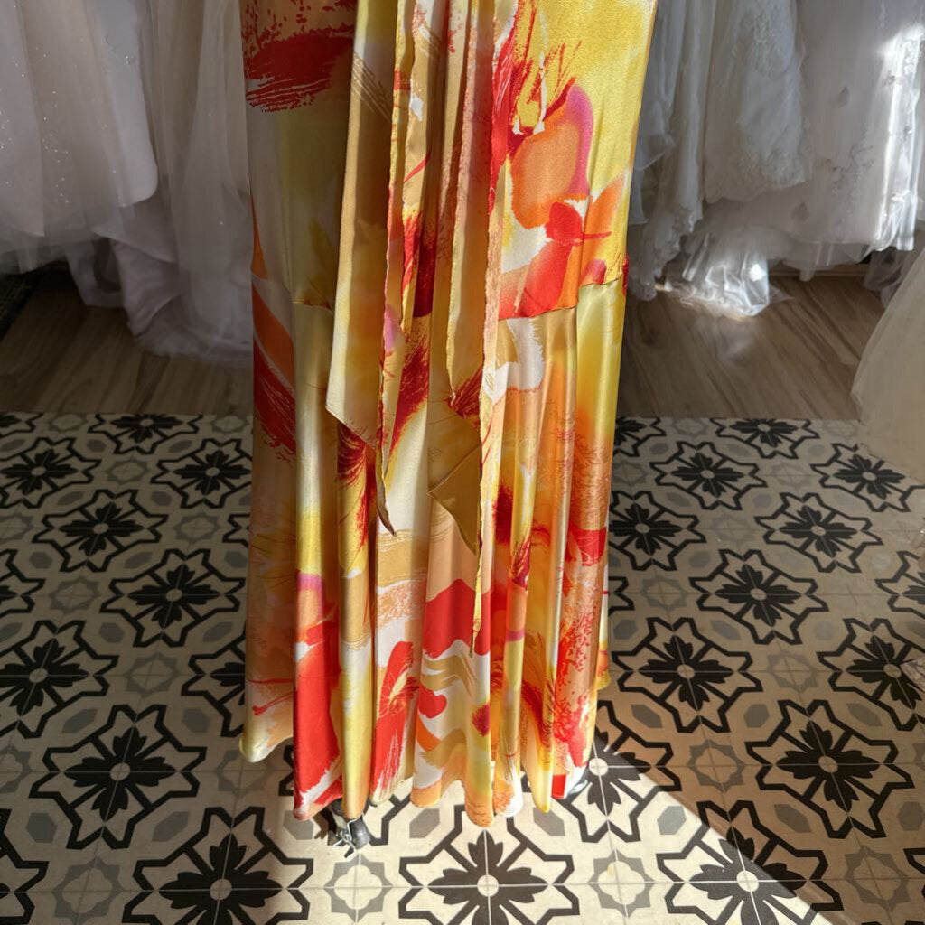 Betsy and Adam Yellow/ Orange Print Silky Long Formal Dress 10