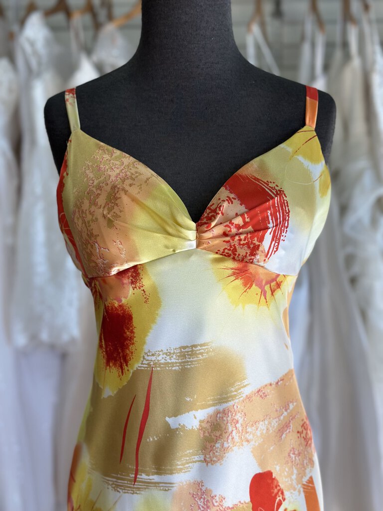 Betsy and Adam Yellow/ Orange Print Silky Long Formal Dress 14