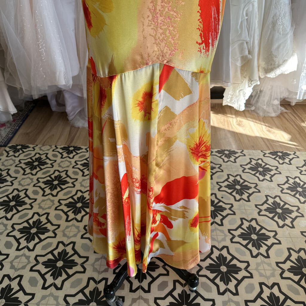 Betsy and Adam Yellow/ Orange Print Silky Long Formal Dress 14