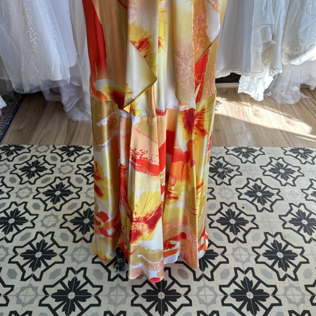 Betsy and Adam Yellow/ Orange Print Silky Long Formal Dress 14