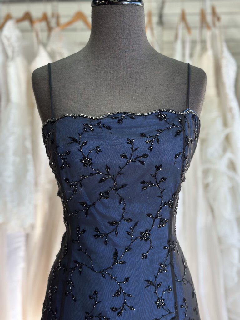 Betsy and Adam Blue/ Black Overlay Long Formal Dress 14