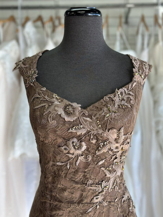 Caviar Brown Lace Embroidered Flower Long Formal Dress 14