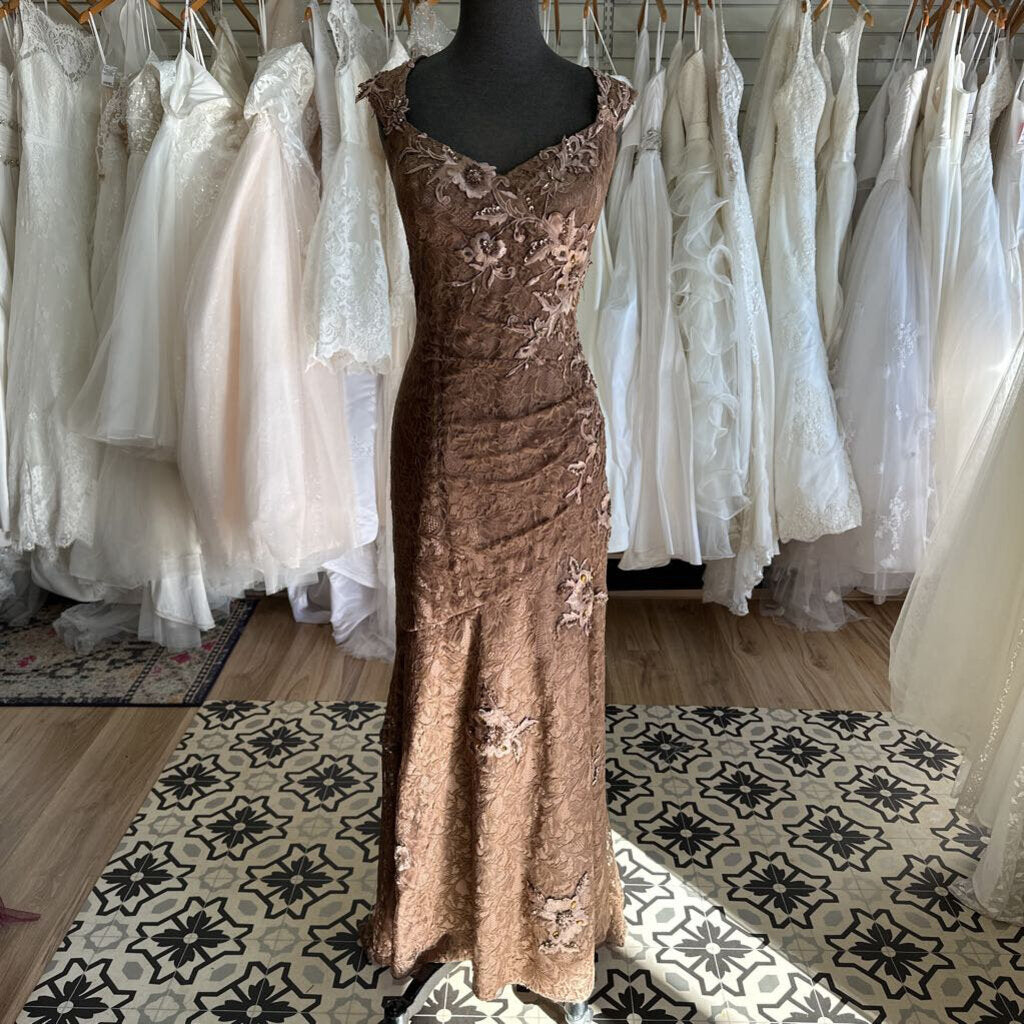 Caviar Brown Lace Embroidered Flower Long Formal Dress 14