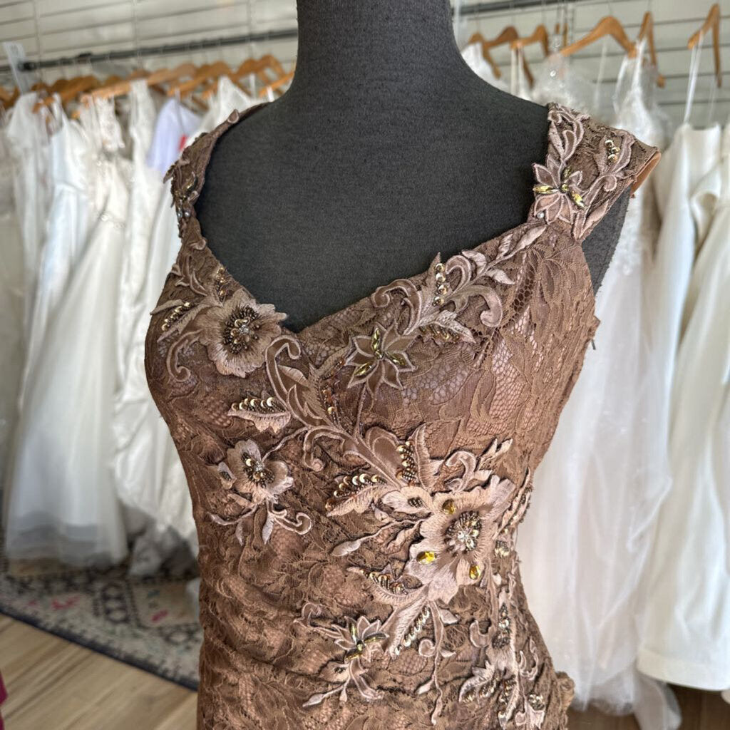 Caviar Brown Lace Embroidered Flower Long Formal Dress 14