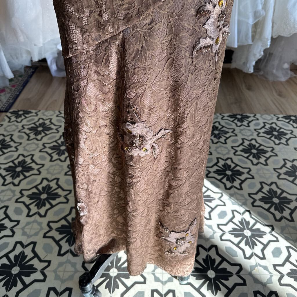 Caviar Brown Lace Embroidered Flower Long Formal Dress 14