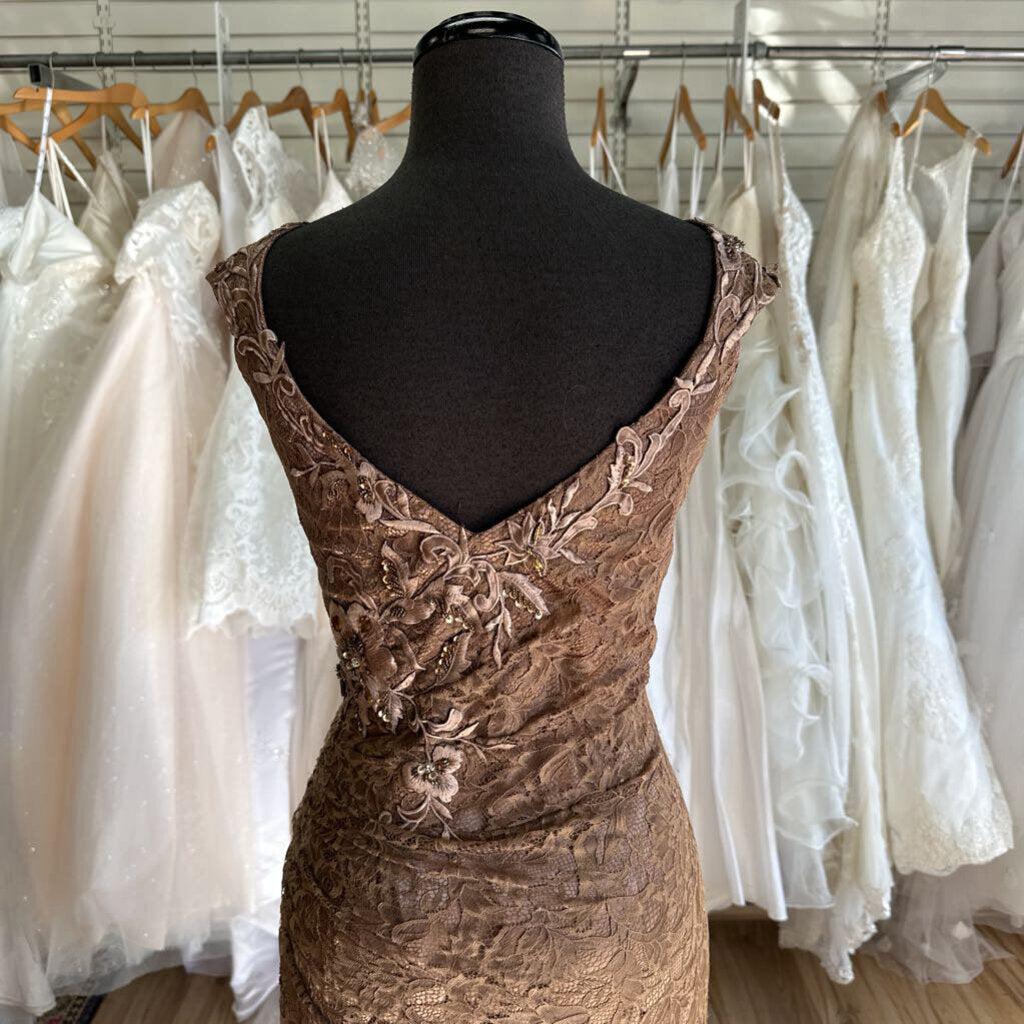 Caviar Brown Lace Embroidered Flower Long Formal Dress 14