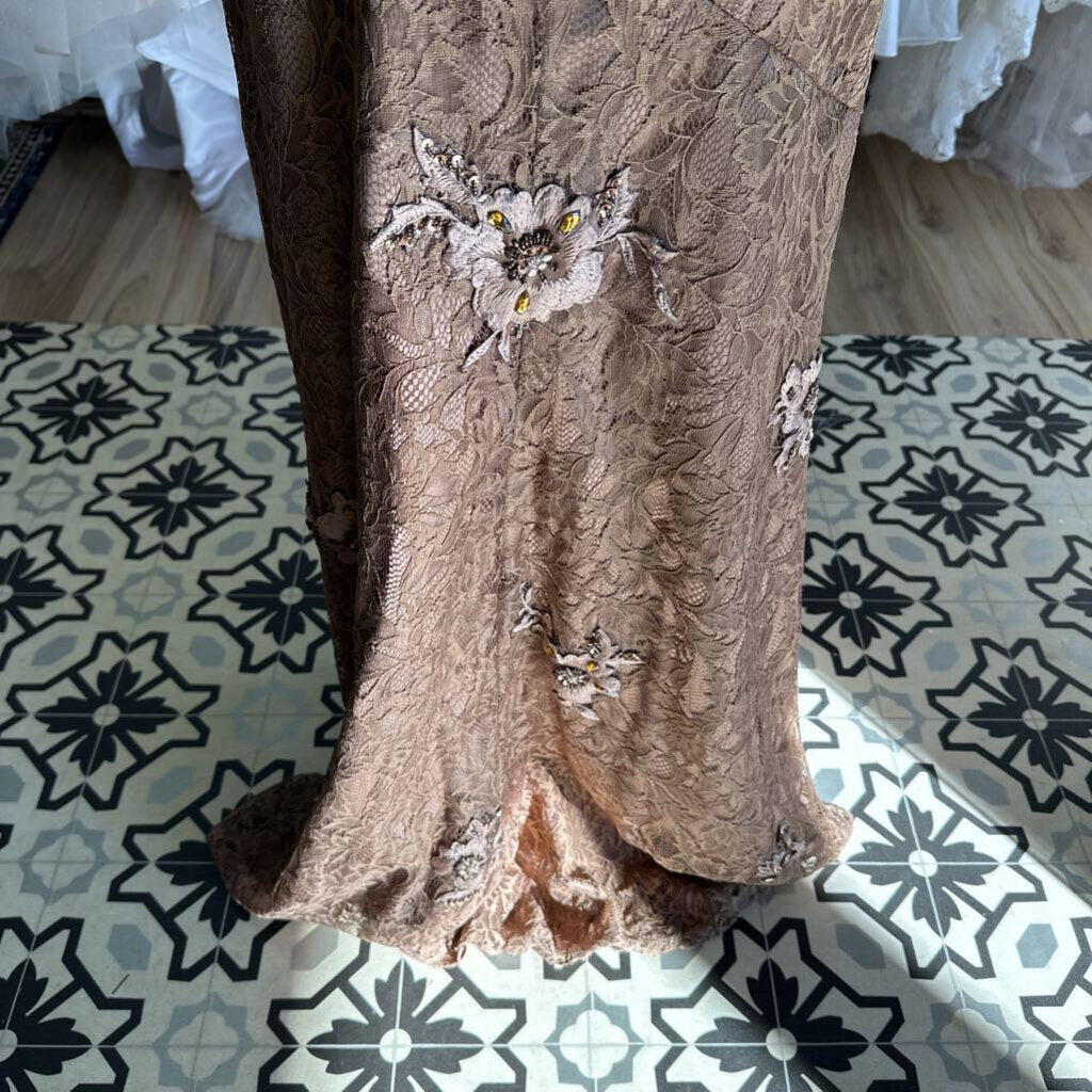 Caviar Brown Lace Embroidered Flower Long Formal Dress 14