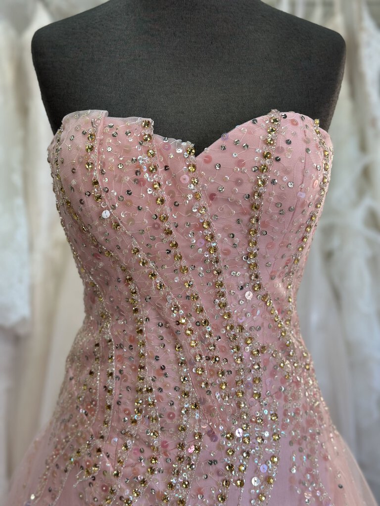 Tony Bowls Pink Beaded Top Strapless Ball Gown Long Formal Dress 6