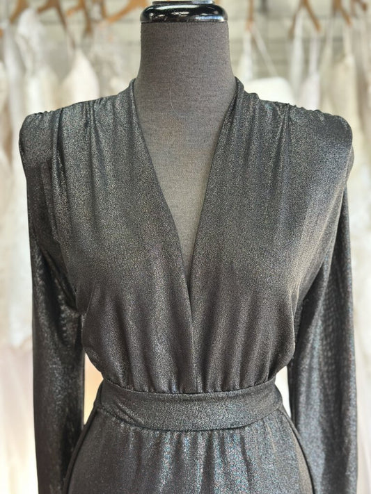 Grey Shimmer Long Sleeve Long Formal Dress Medium