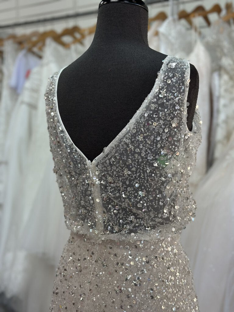 Ivory/ Champagne Sequin V Neck Bridal Gown 10