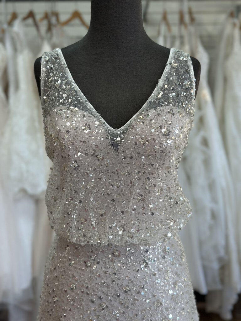 Ivory/ Champagne Sequin V Neck Bridal Gown 10