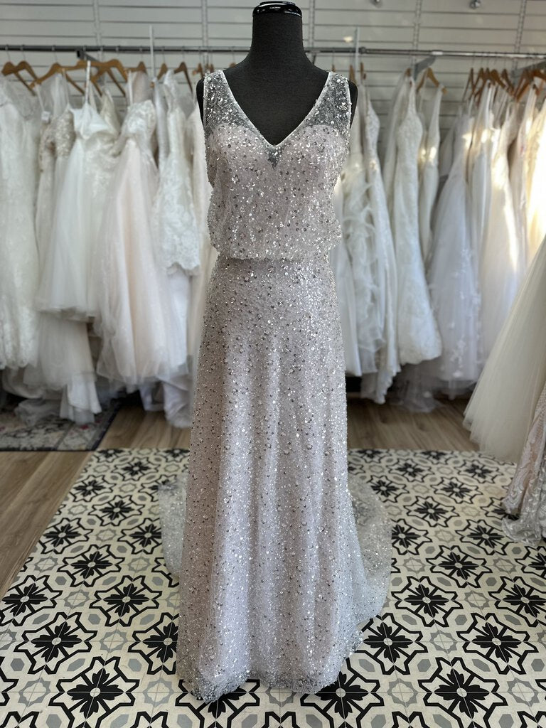 Ivory/ Champagne Sequin V Neck Bridal Gown 10