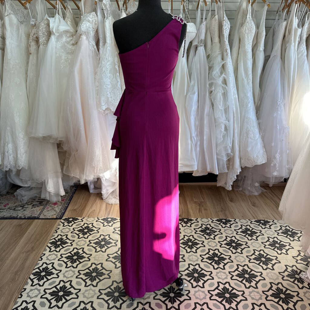 Purple Embellished One Shoulder Long Formal Dress Small