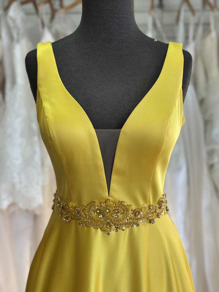 The Secret Dress Yellow V Neck A Line Long Formal Dress Small