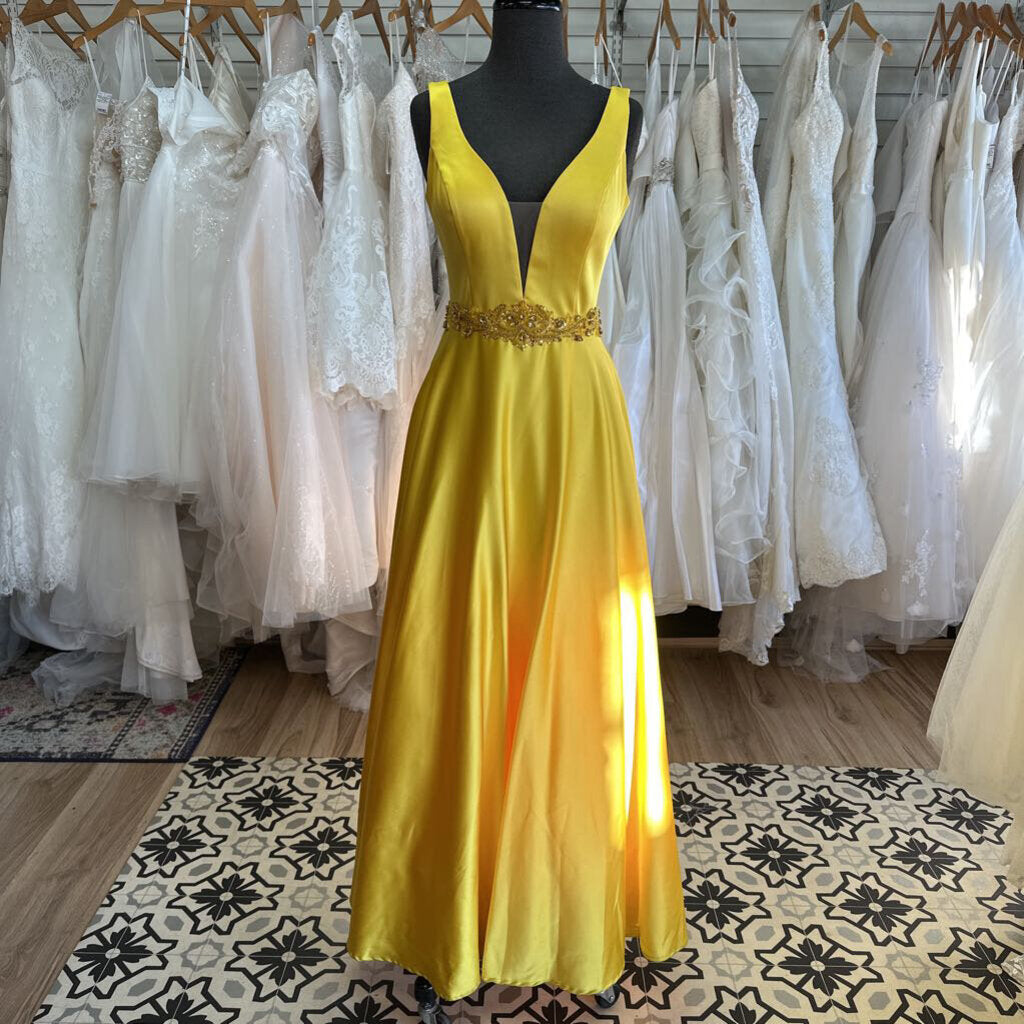 The Secret Dress Yellow V Neck A Line Long Formal Dress Small