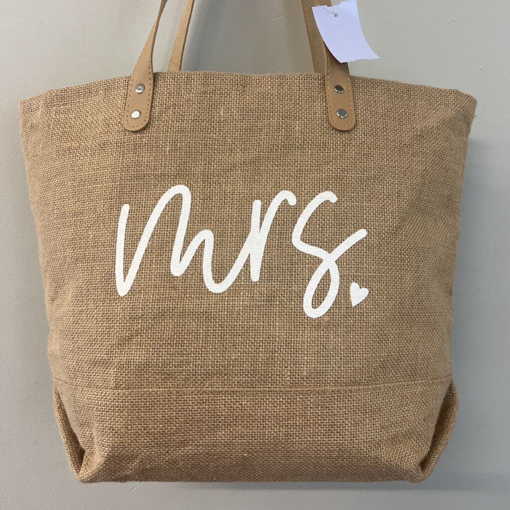 Brown Burlap 'Mrs' Leather Strap Tote Bag