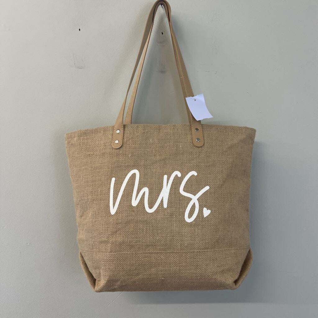 Brown Burlap 'Mrs' Leather Strap Tote Bag