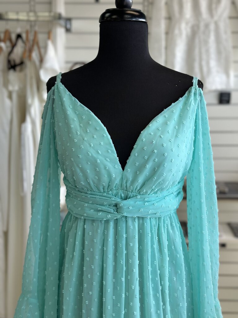 Mint Dot Detail Bell Long Sleeve Long Formal Dress Small
