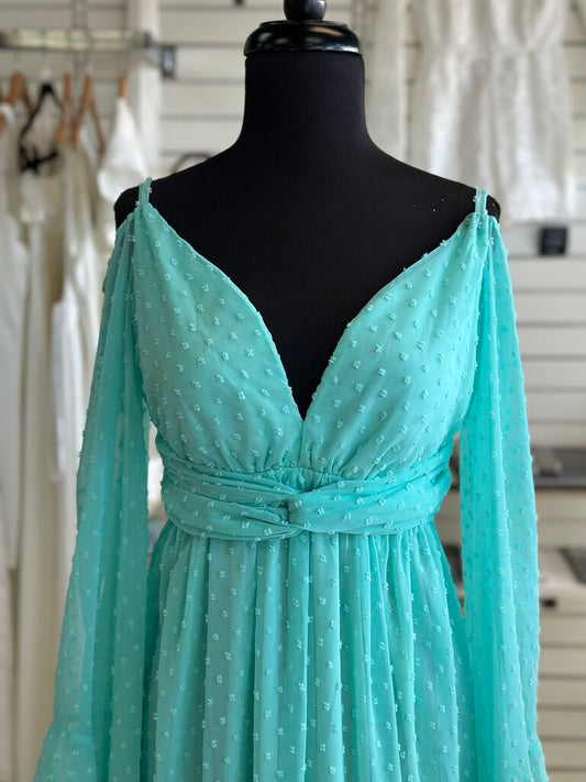 Mint Dot Detail Bell Long Sleeve Long Formal Dress Small