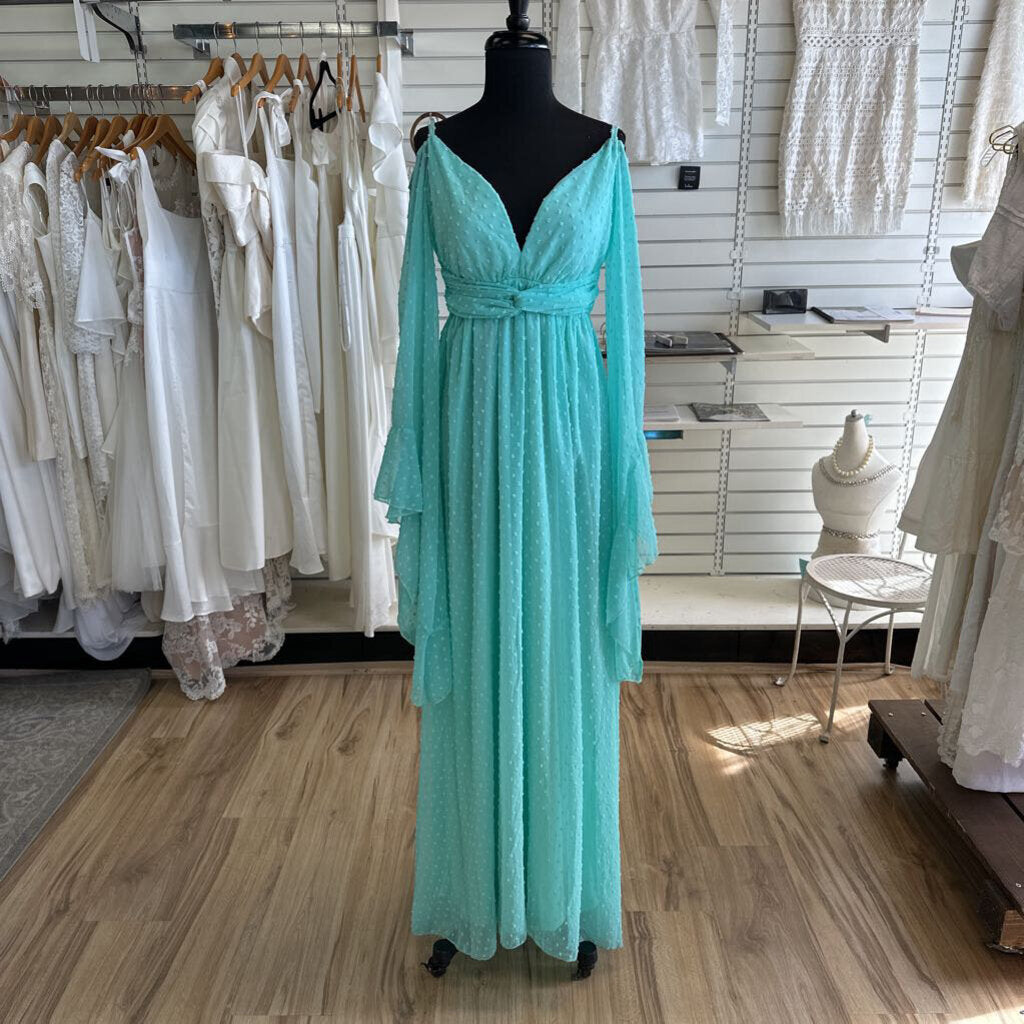 Mint Dot Detail Bell Long Sleeve Long Formal Dress Small