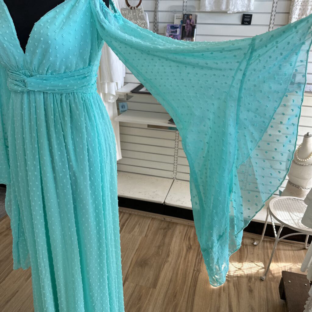 Mint Dot Detail Bell Long Sleeve Long Formal Dress Small