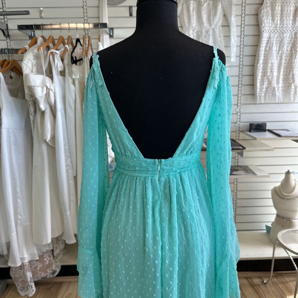 Mint Dot Detail Bell Long Sleeve Long Formal Dress Small