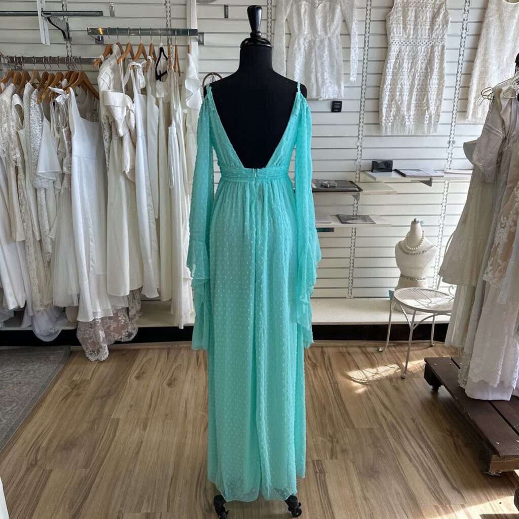 Mint Dot Detail Bell Long Sleeve Long Formal Dress Small