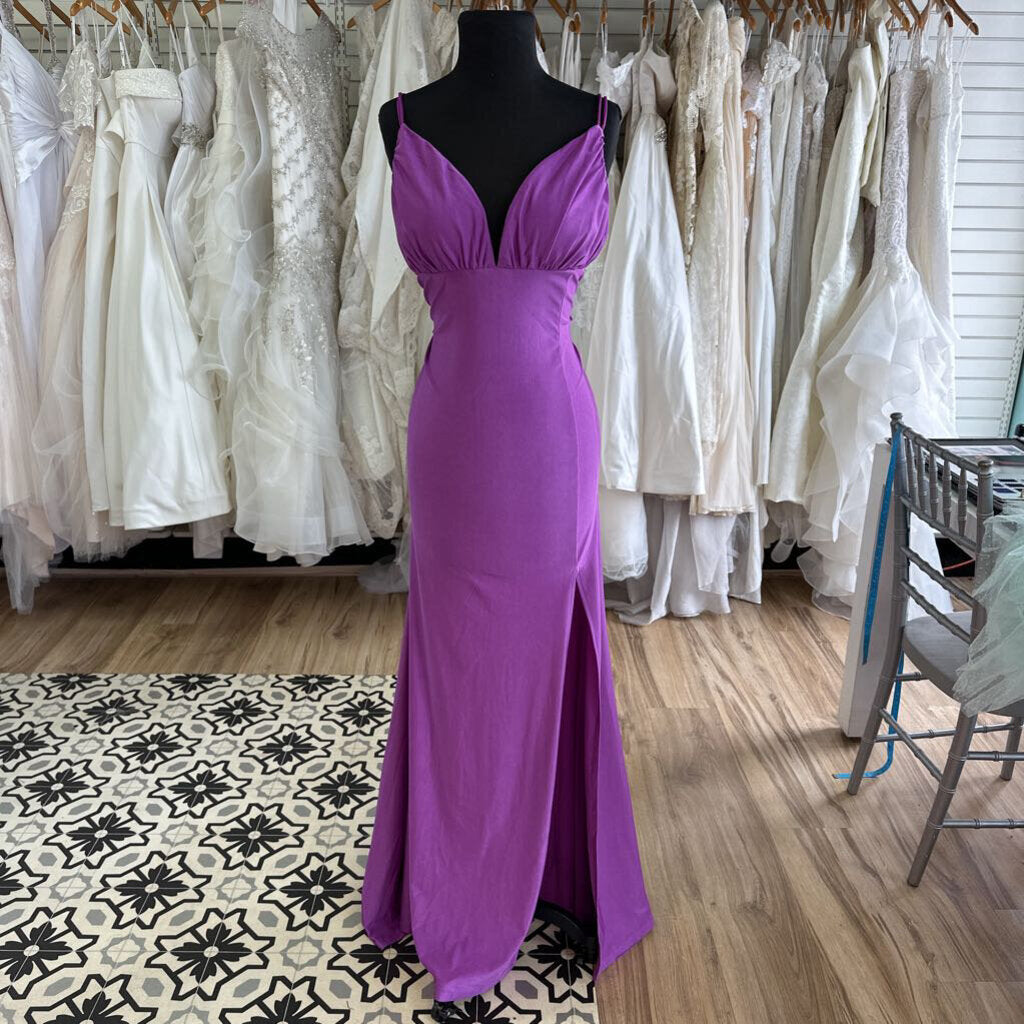 Purple V Neck Fitted Lace Up Back Long Formal Dress Large