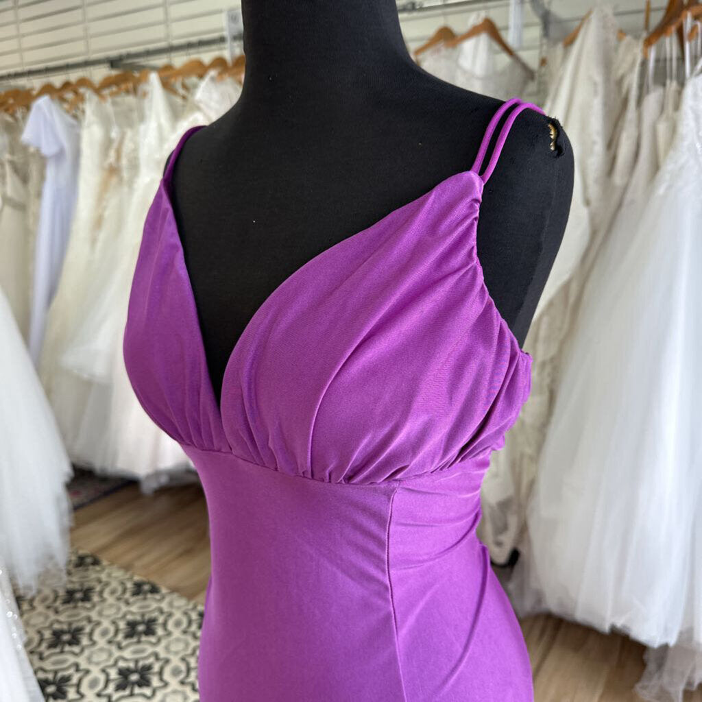 Purple V Neck Fitted Lace Up Back Long Formal Dress Large