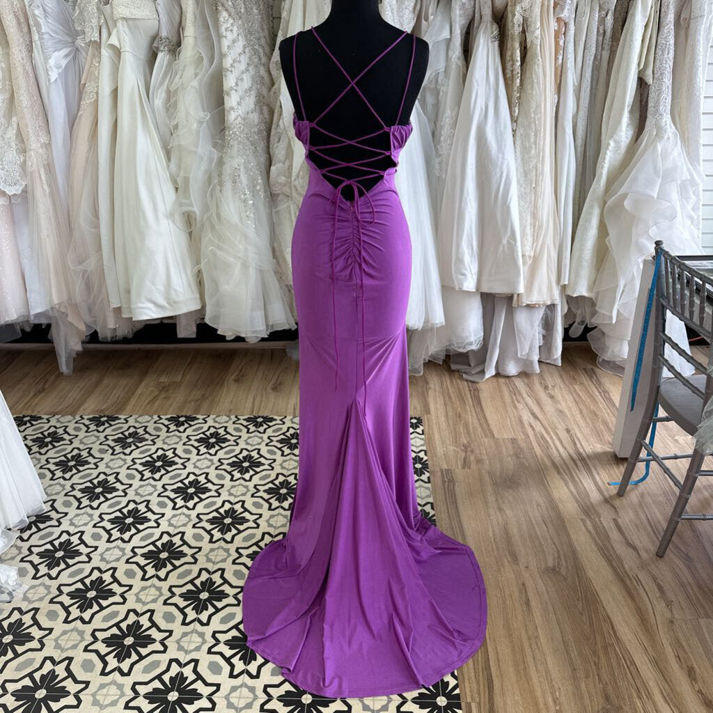 Purple V Neck Fitted Lace Up Back Long Formal Dress Large